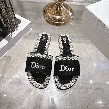 CD 26 Embroidered Sandals Black White Canvas 592246
