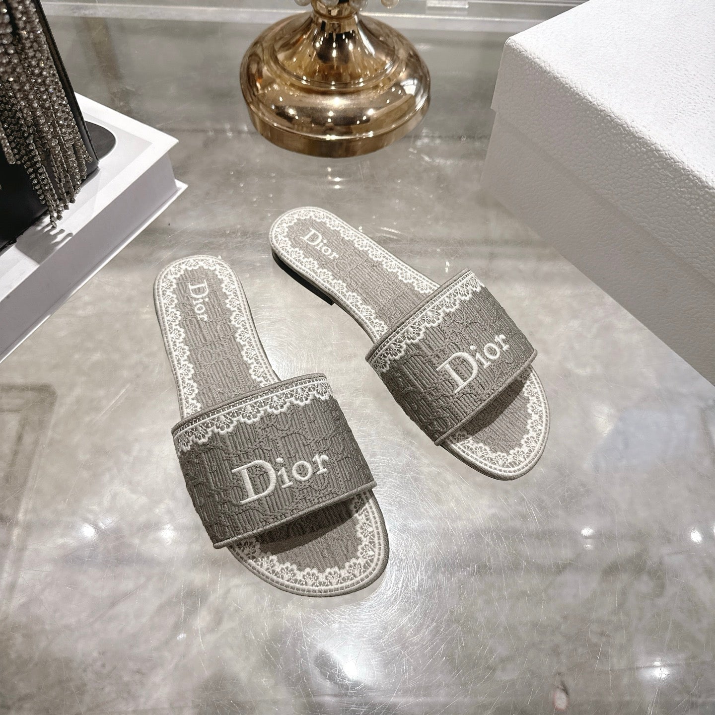 CD26 Embroidered Sandals Gray White Canvas 592243