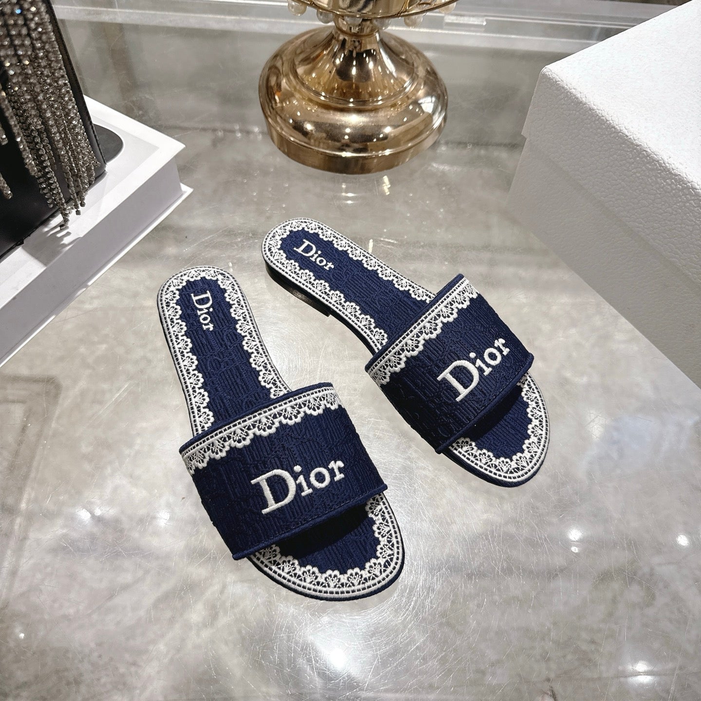 CD 26 Embroidered Sandals Blue White Canvas 592244