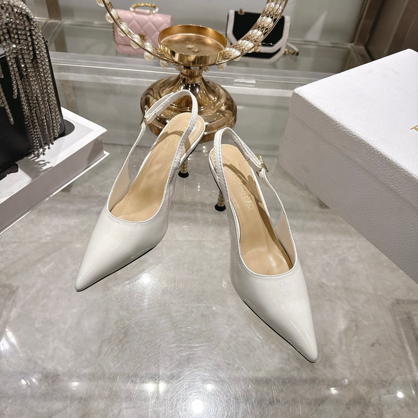 CD 26 Slingback 80 White Beige Patent Leather 679851