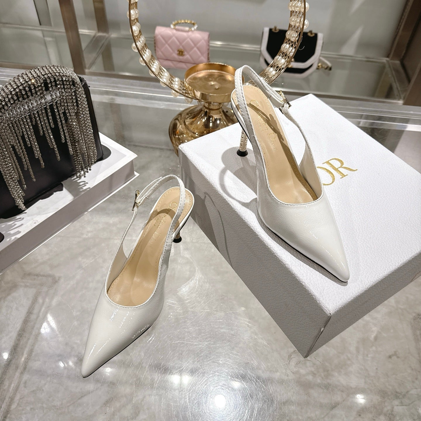 CD 26 Slingback 80 White Beige Patent Leather 679851