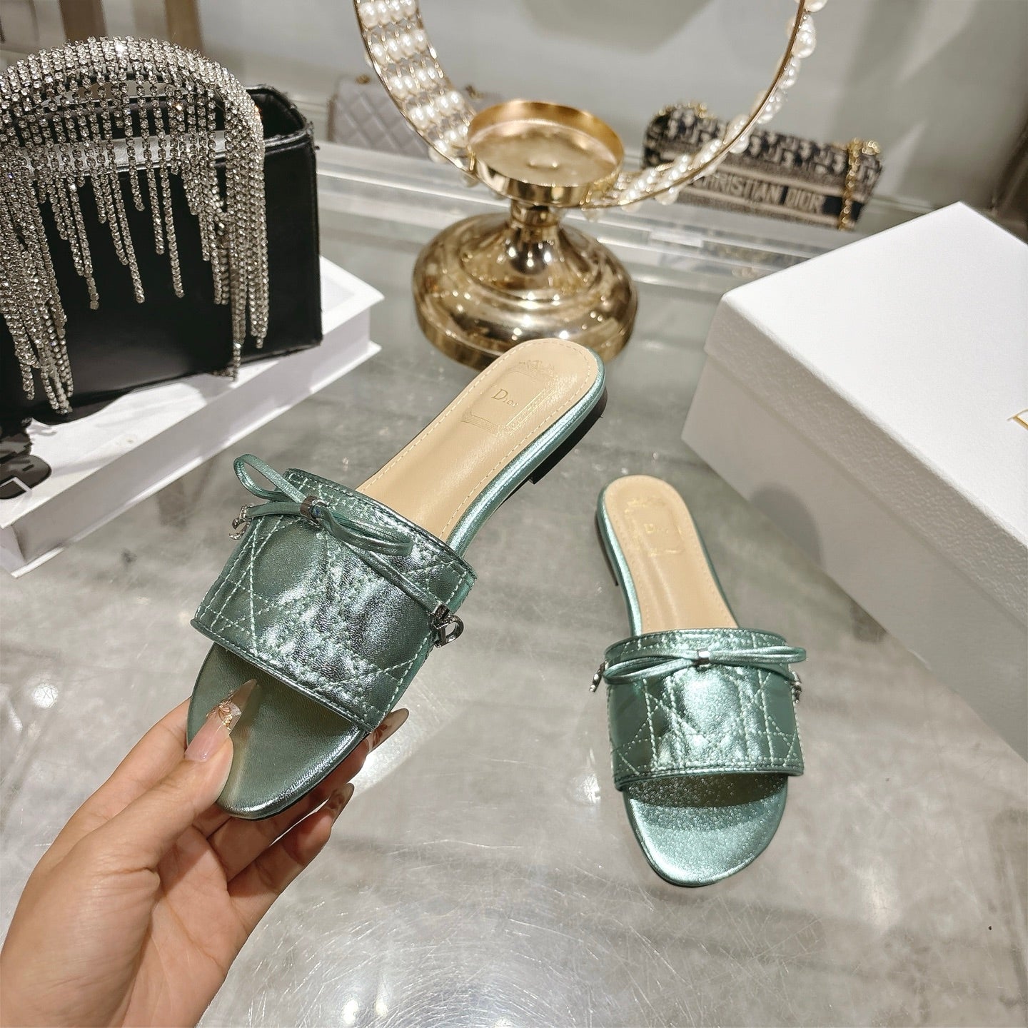 CD 26s Slippers Metallic Mint Calfskin 679867