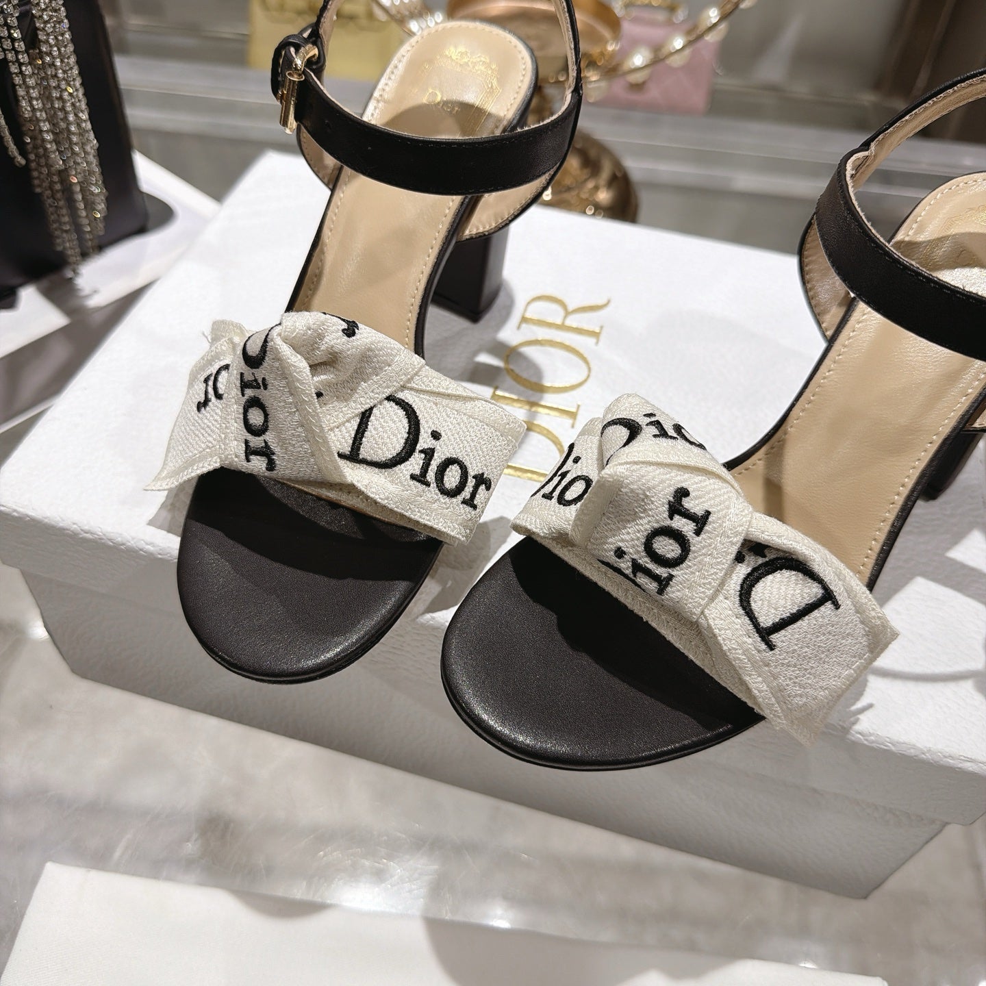 CD J'Adior Sandals White Black Canvas Leather 901708