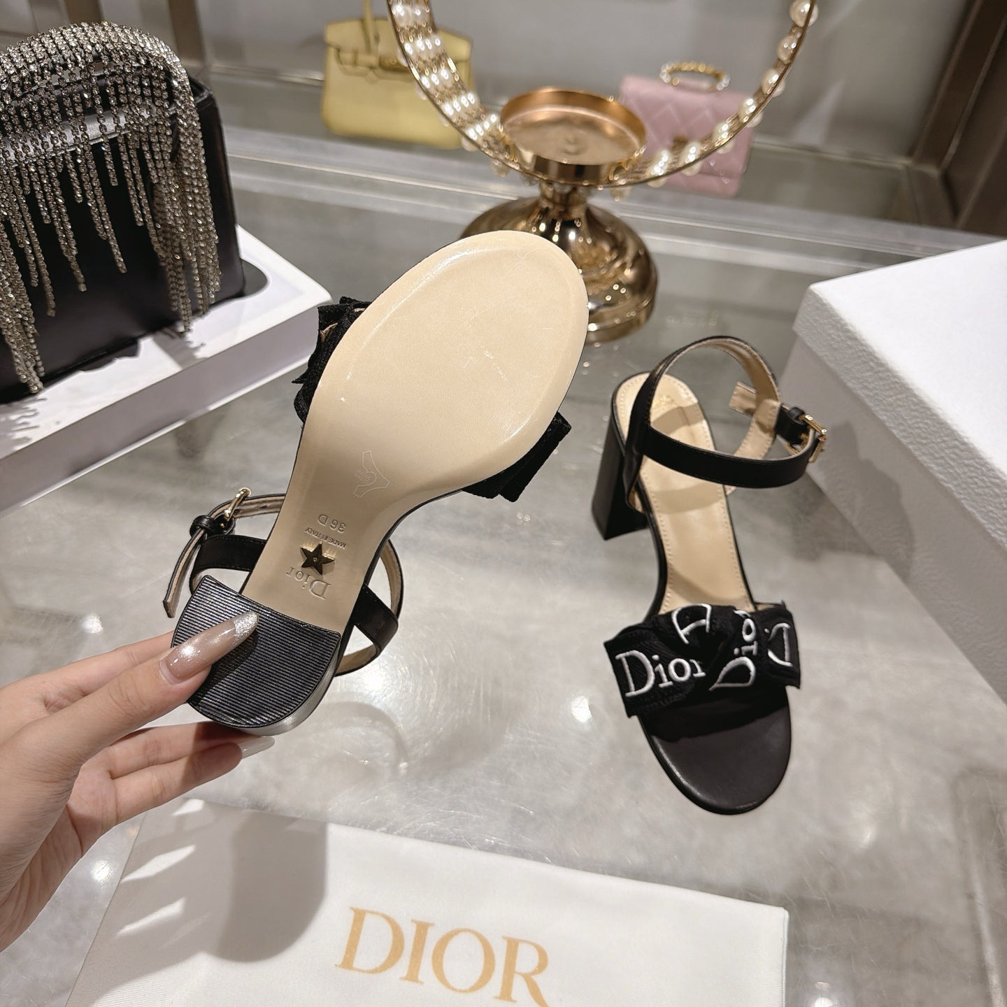 CD J'Adior Sandals Black Canvas Leather 901710