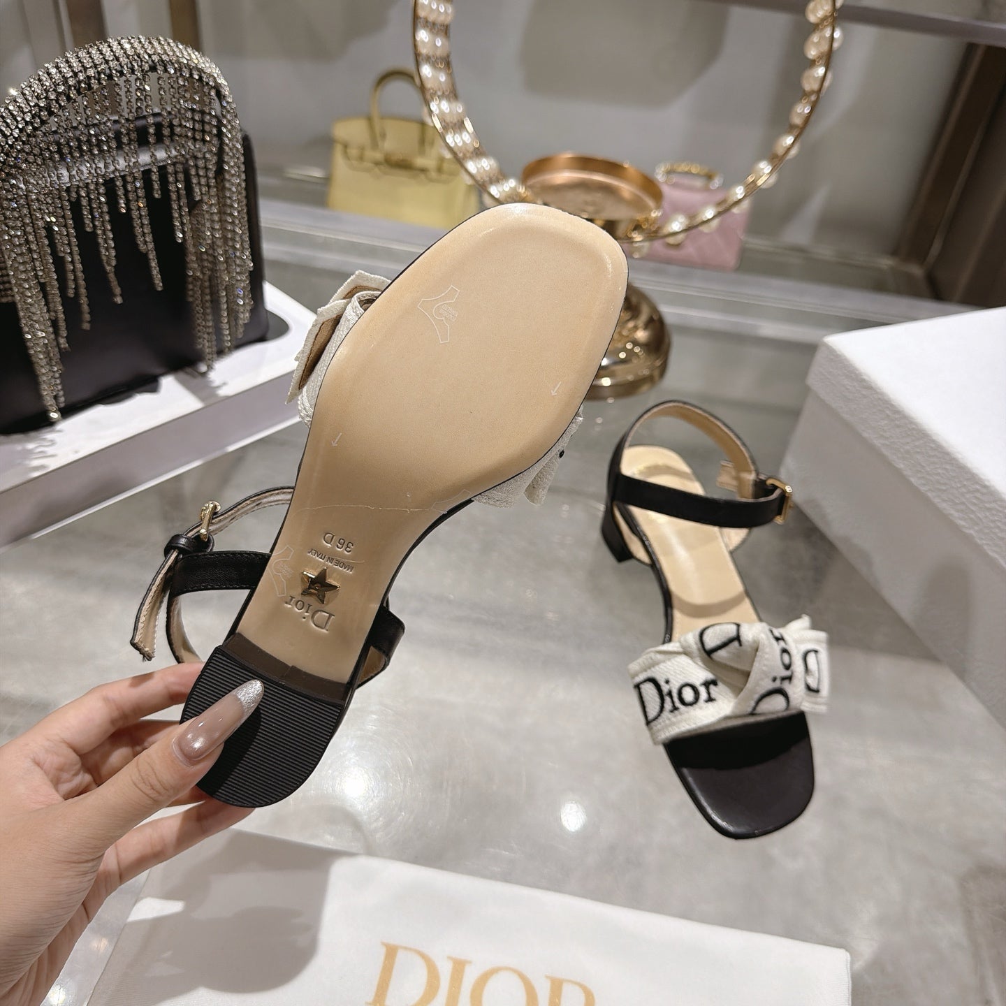 CD J'Adior Sandals White Black Canvas Leather 901712