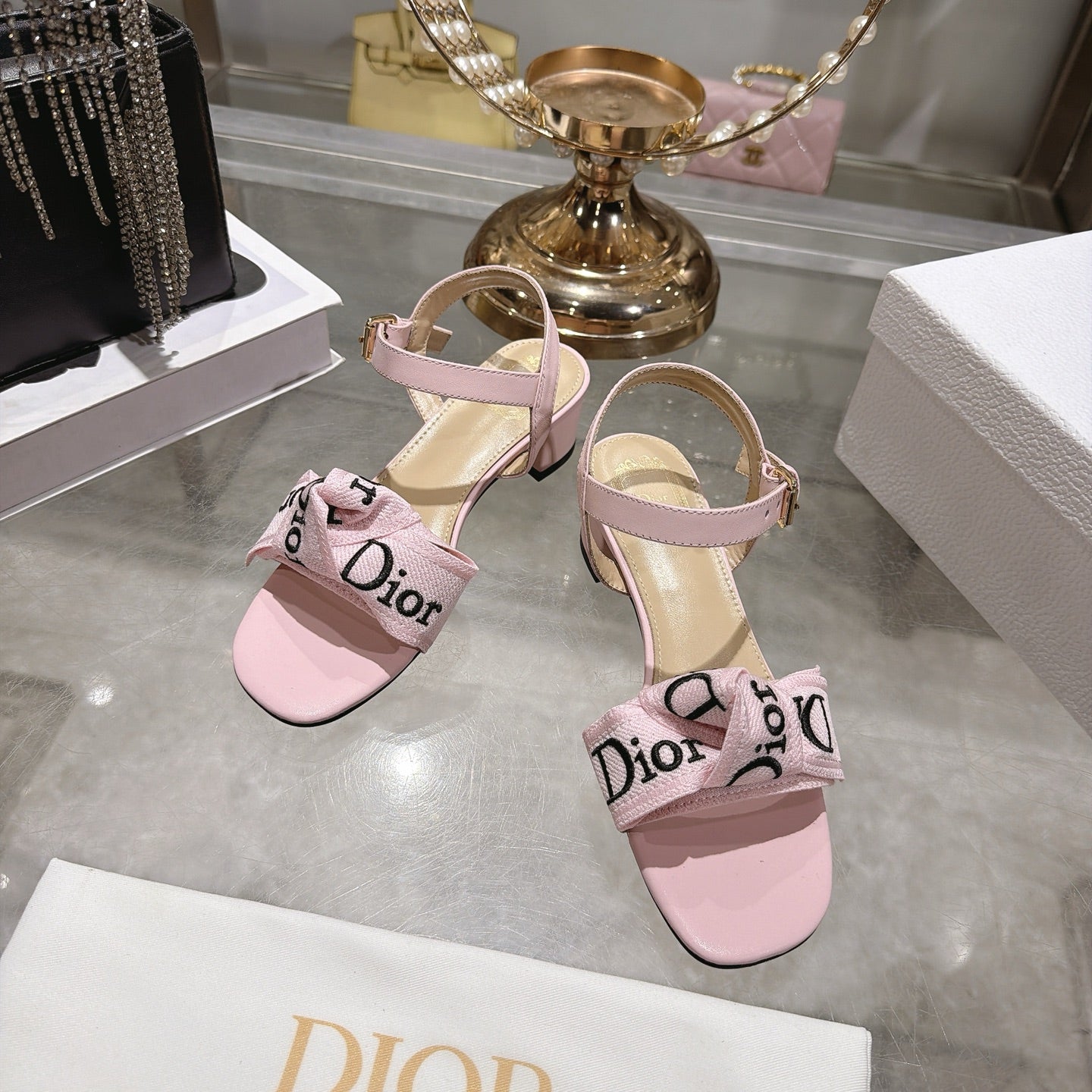 CD J'Adior Sandals Light Pink Canvas Leather 901715