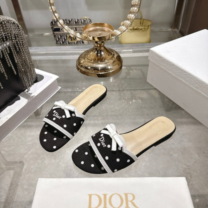 CD Dway Flat Sandal PolkaDior Black Motif Cotton Leather 951360