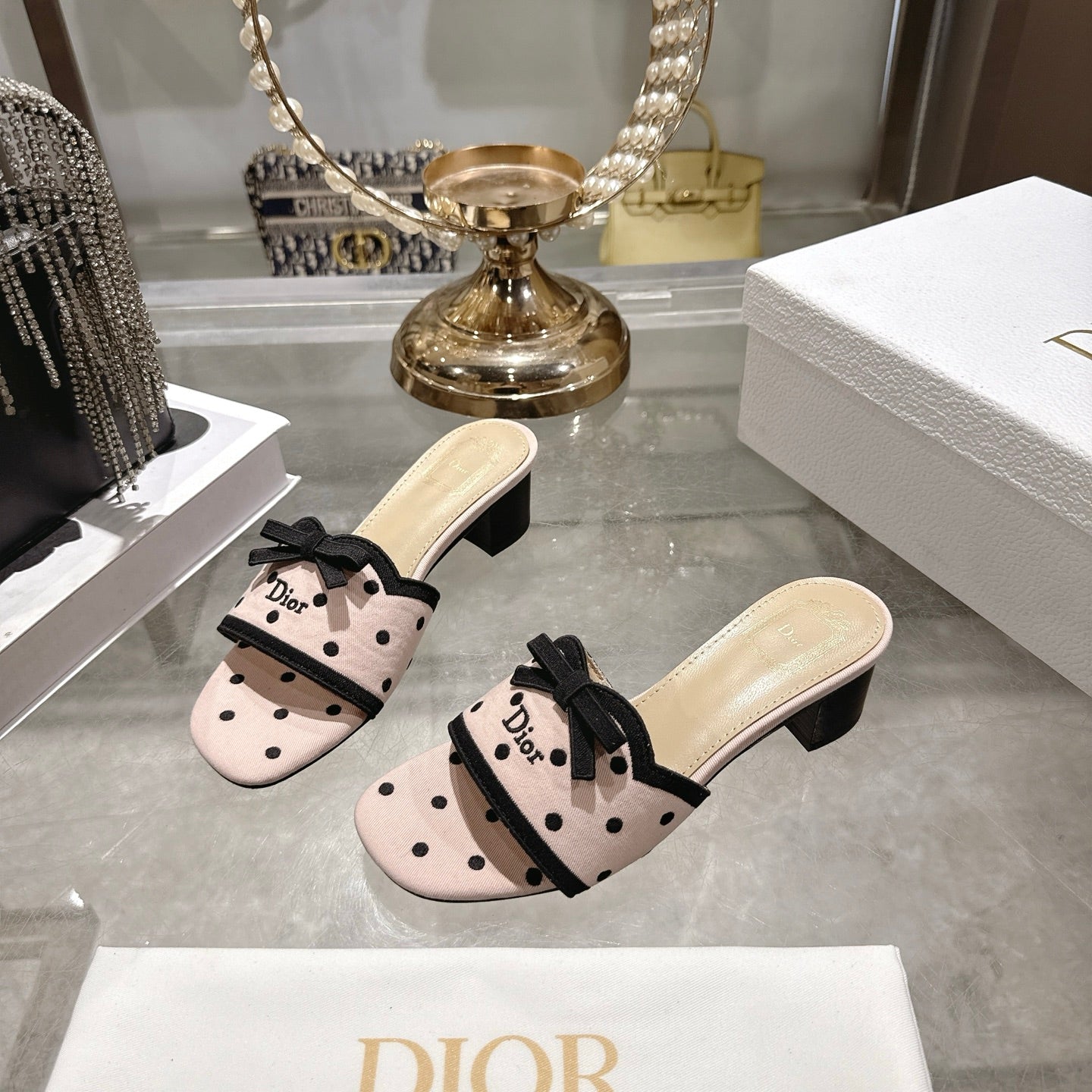 CD Dway Sandal 3.5cm PolkaDior Light Pink Motif Cotton Leather 951357
