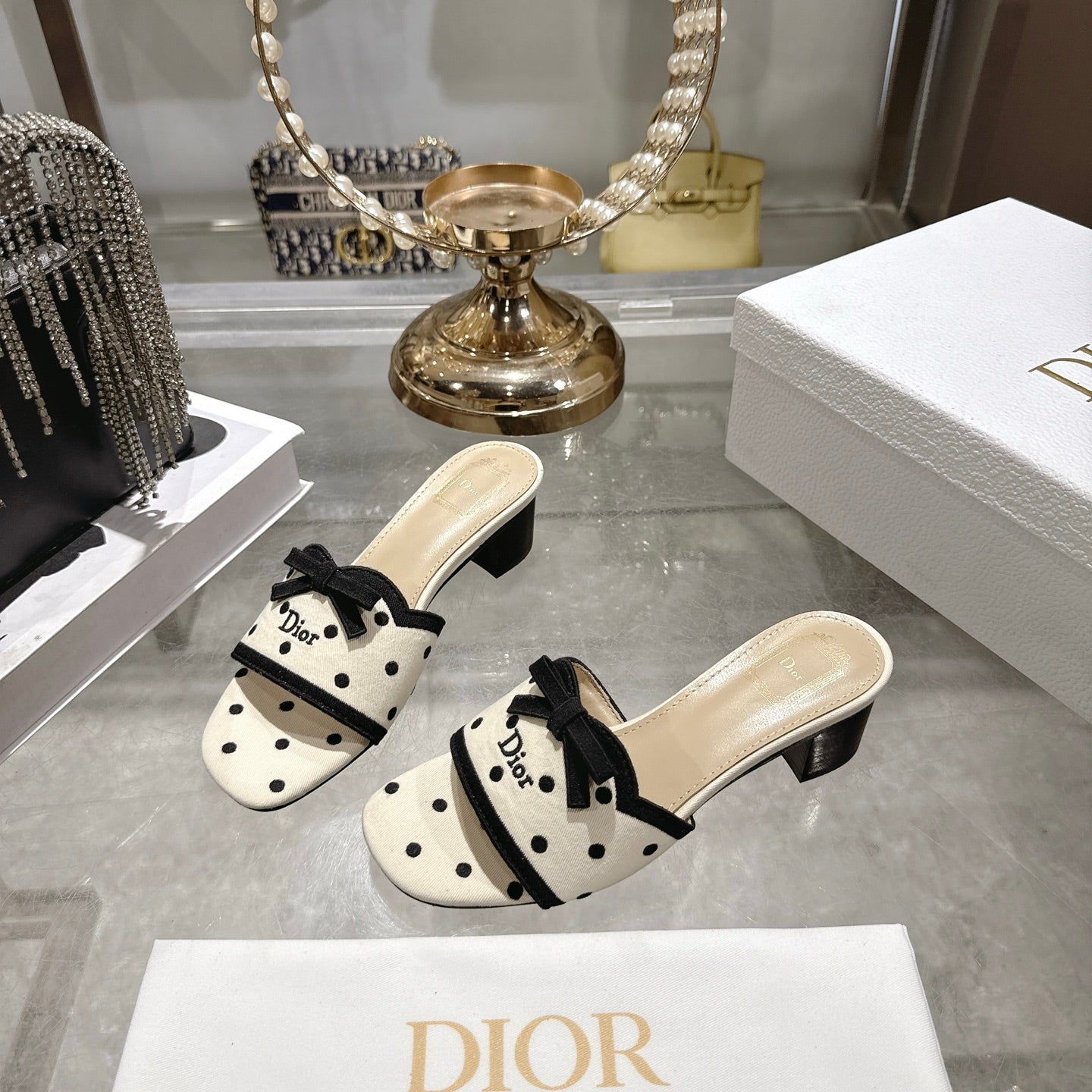CD Dway Sandal 3.5cm PolkaDior Cream Motif Cotton Leather 951359