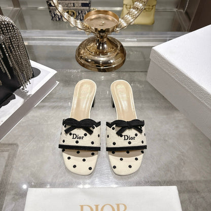 CD Dway Sandal 3.5cm PolkaDior Cream Motif Cotton Leather 951359
