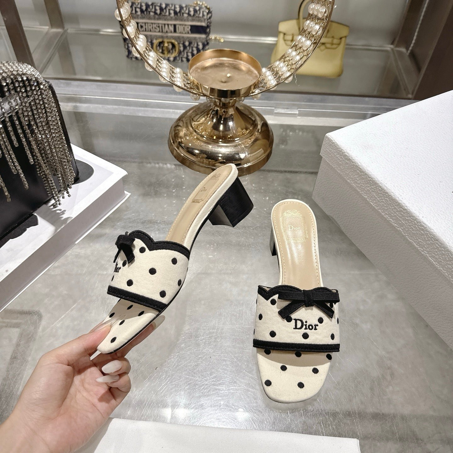 CD Dway Sandal 3.5cm PolkaDior Cream Motif Cotton Leather 951359