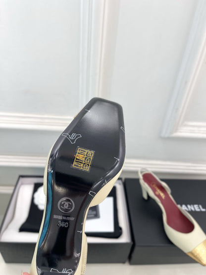 CC 26s Square Toe Slingback 6.5cm Gold Cream Leather 946913