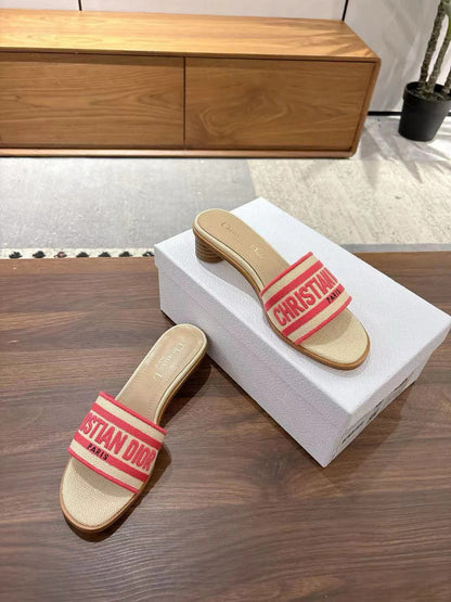 CD 26s Embroidered Sandals Beige Red Canvas Sheepskin 664315