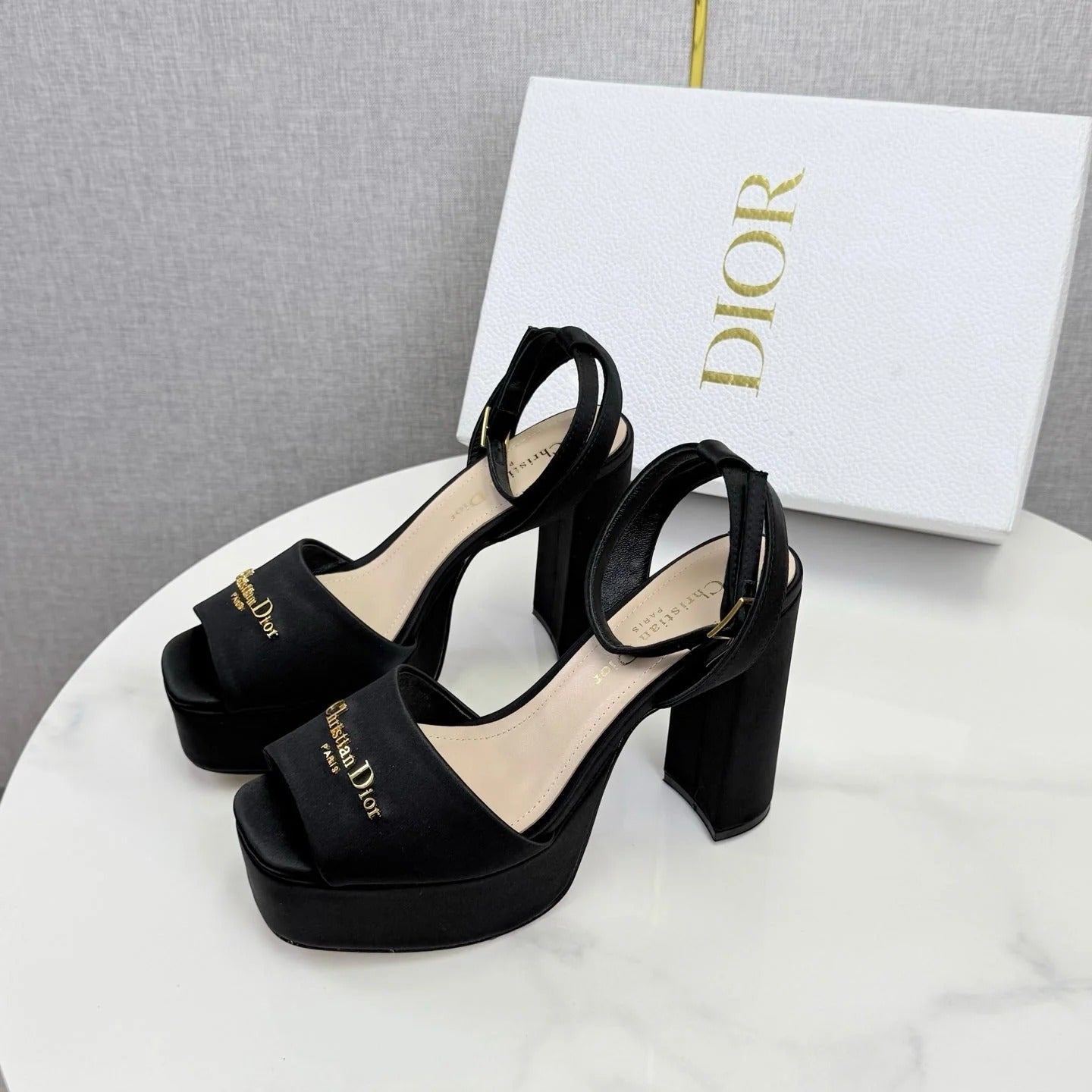 CD 26s Platform Sandals 80 Black Beige Satin Sheepskin 640230