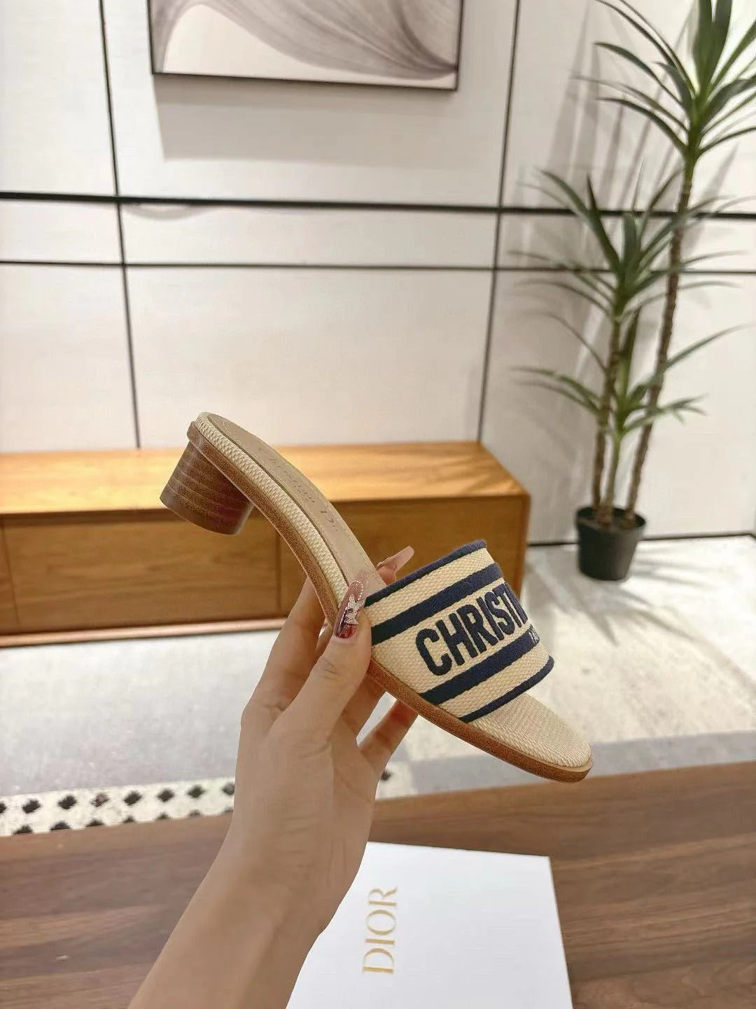 CD 26s Embroidered Sandals Beige Navy Blue Canvas Sheepskin 664321