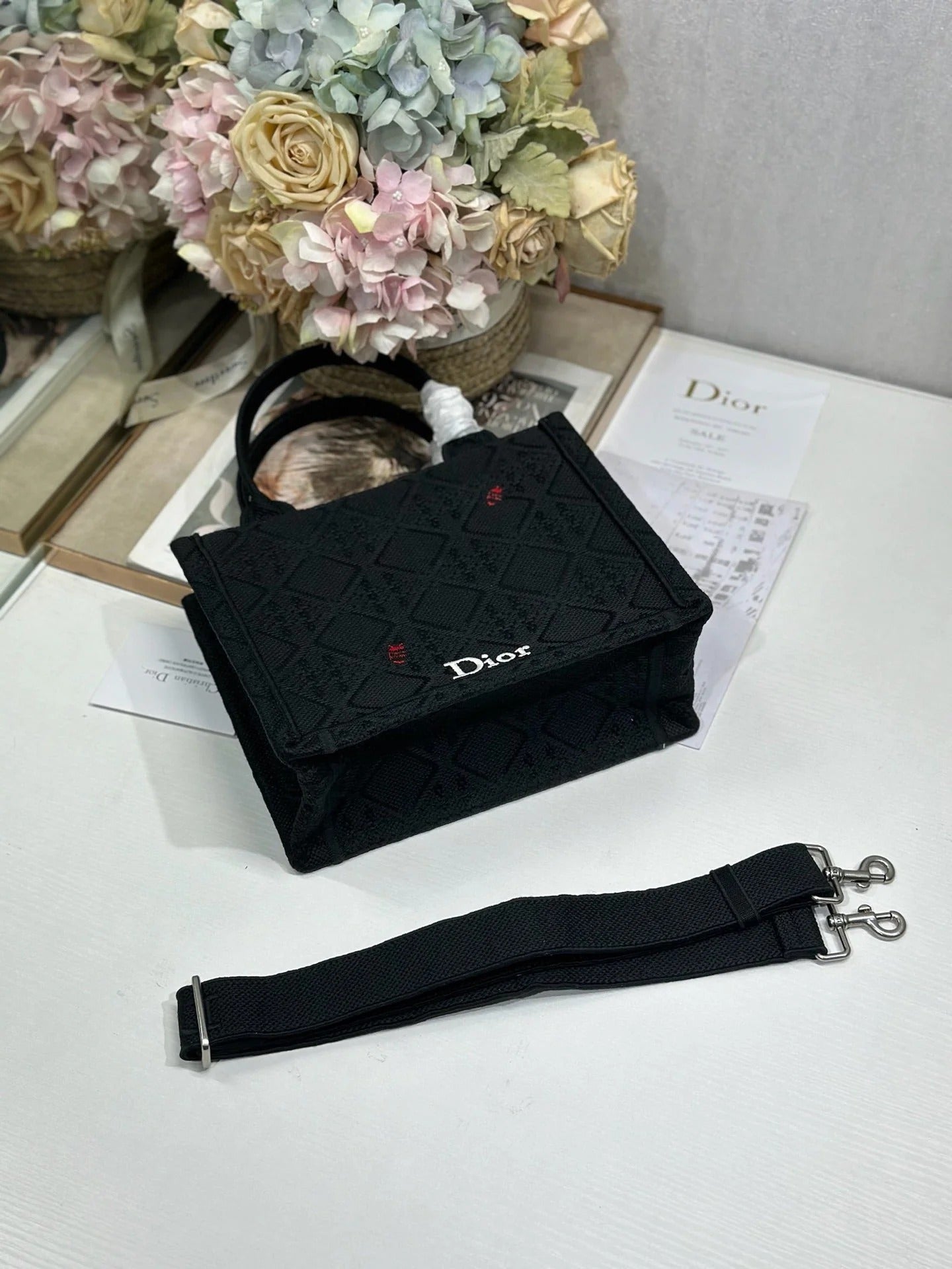 CD 2026 Book Tote Bag With Red Beetle-shaped Embellishments Black Canvas 288481