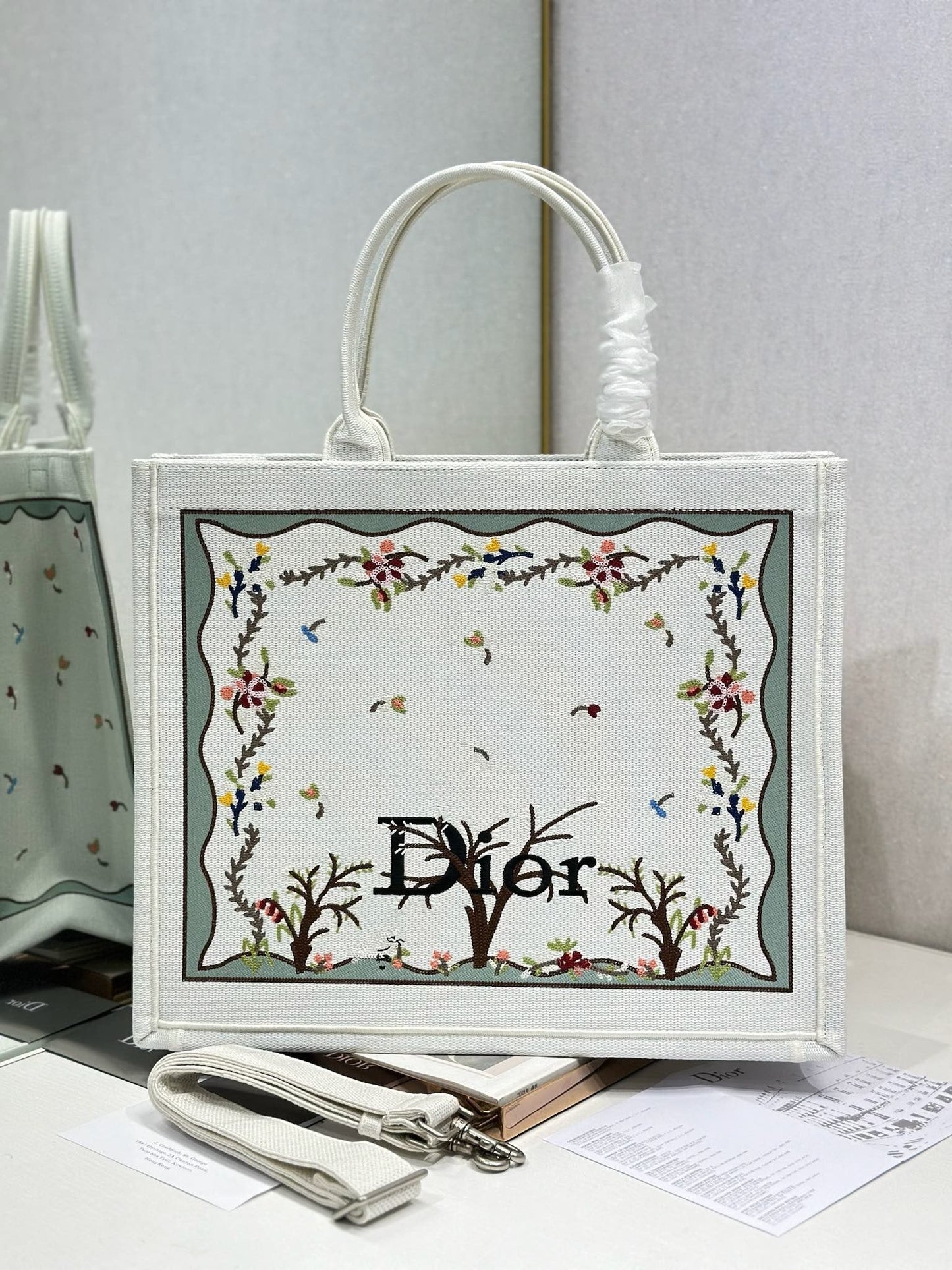 Dior 2026 Book Tote Bag With Multicolored White Revolution Flowers Embroidery Canvas