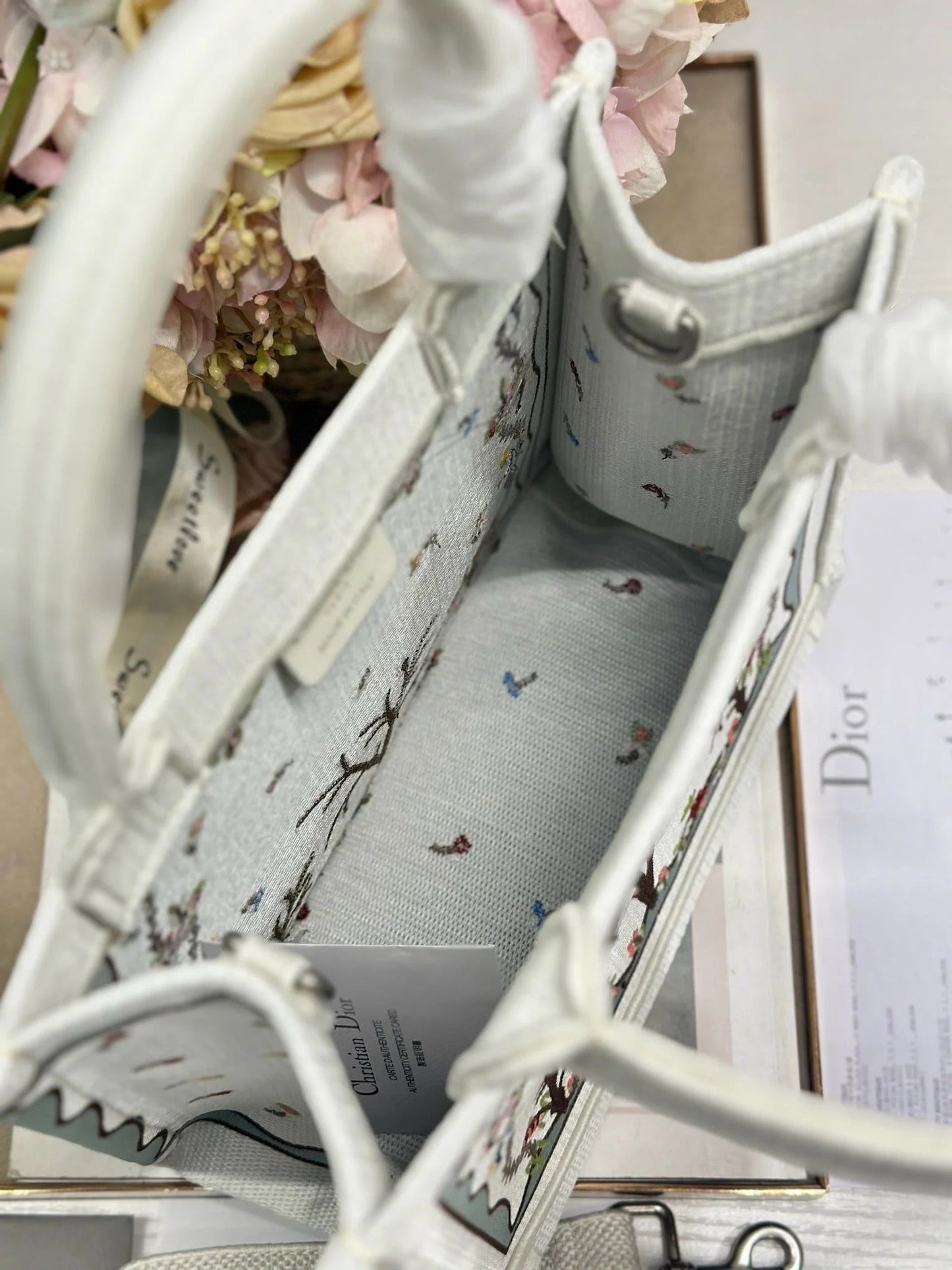 Dior 2026 Book Tote Bag With Multicolored White Revolution Flowers Embroidery Canvas
