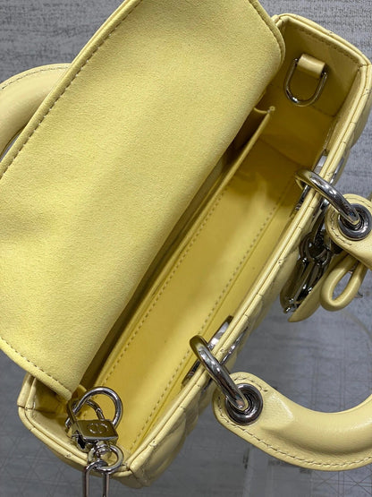CD 2026 Bow Lady D-Joy 19cm Yellow Cannage Lambskin With Silver Charm 286561