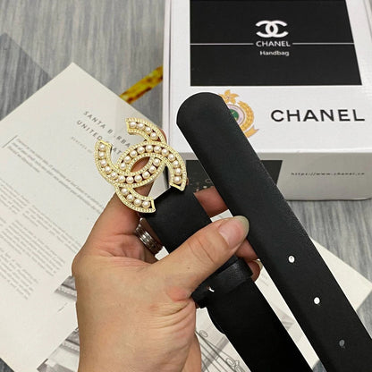 CC Women's Belt 3.0CM Black Cowhide Gold Pearl Buckle 586521