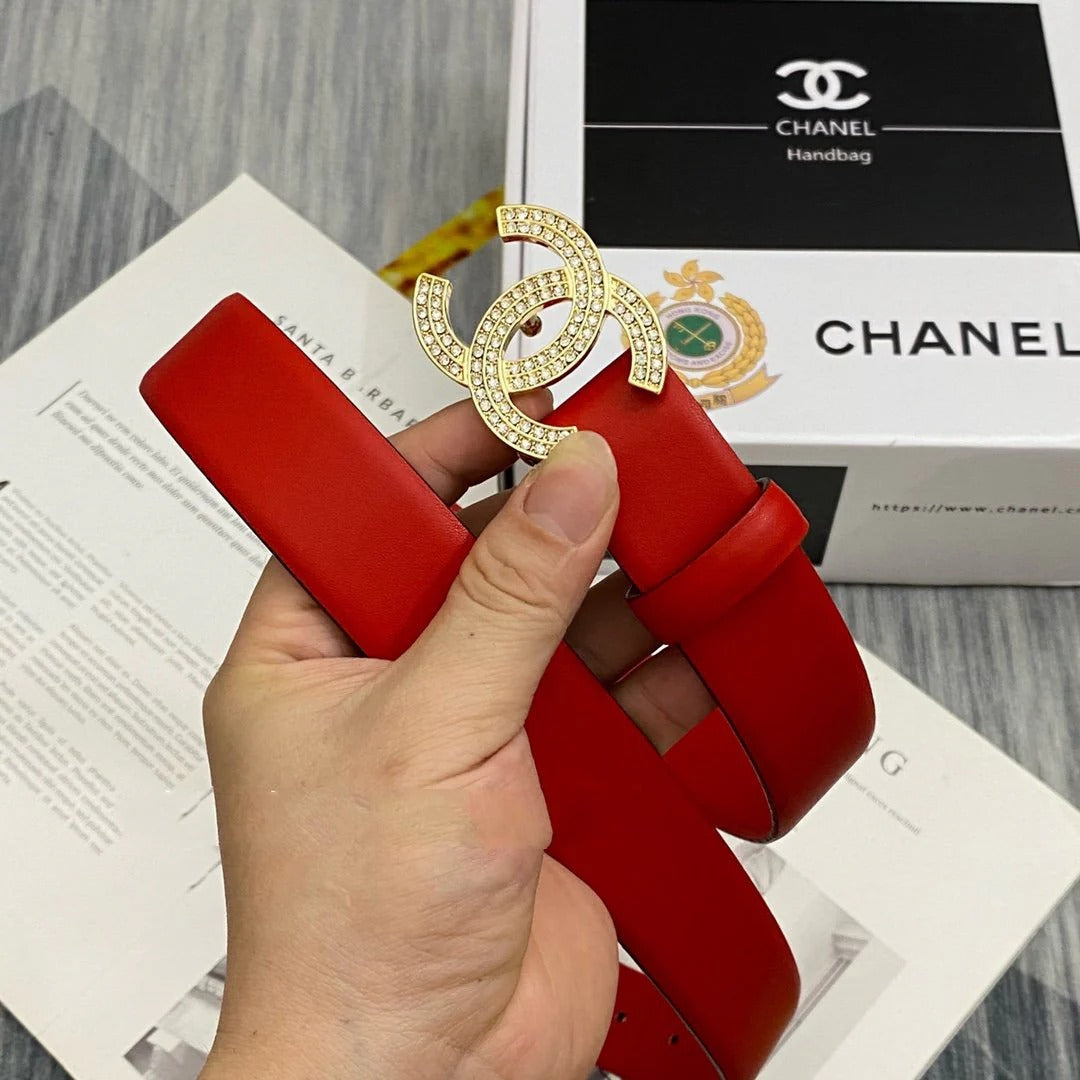 CC Women's Belt 3.0CM Red Cowhide Gold Diamond Buckle 586517