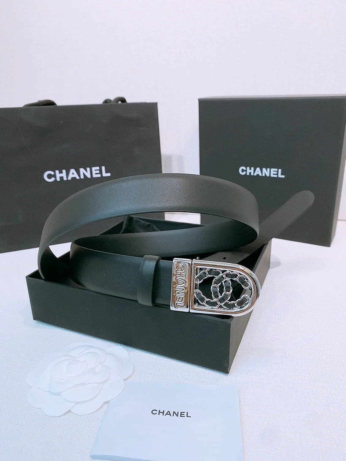 CC Women's Belt 3.0CM Black Calfskin Sliver Black Buckle 572532