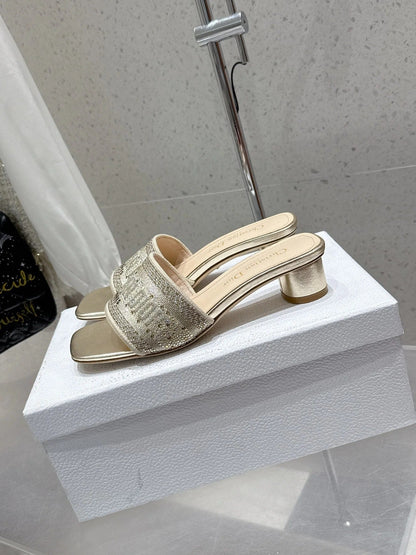 CD 26s Rhinestone Flat Slippers Gold Beige Canvas Leather 636391