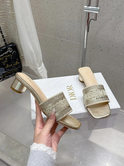 CD 26s Rhinestone Flat Slippers Gold Beige Canvas Leather 636391