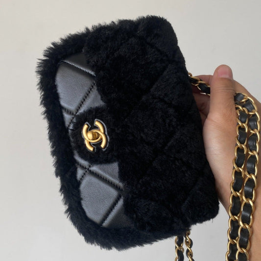 Chanel 25 Shearling Bag Black Wool Lambskin