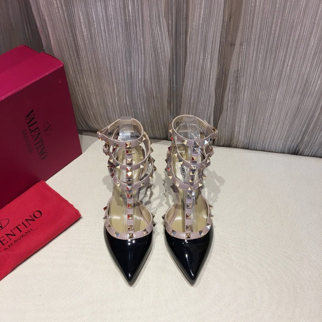 Valentino Rockstud Caged Pumps 65mm Black mix Nude Patent Leather 239637