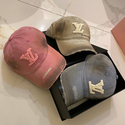 LV Baseball Cap with Distressed Craft and Woven Logo