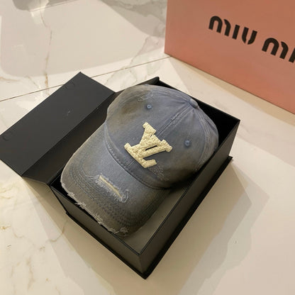 LV Baseball Cap with Distressed Craft and Woven Logo